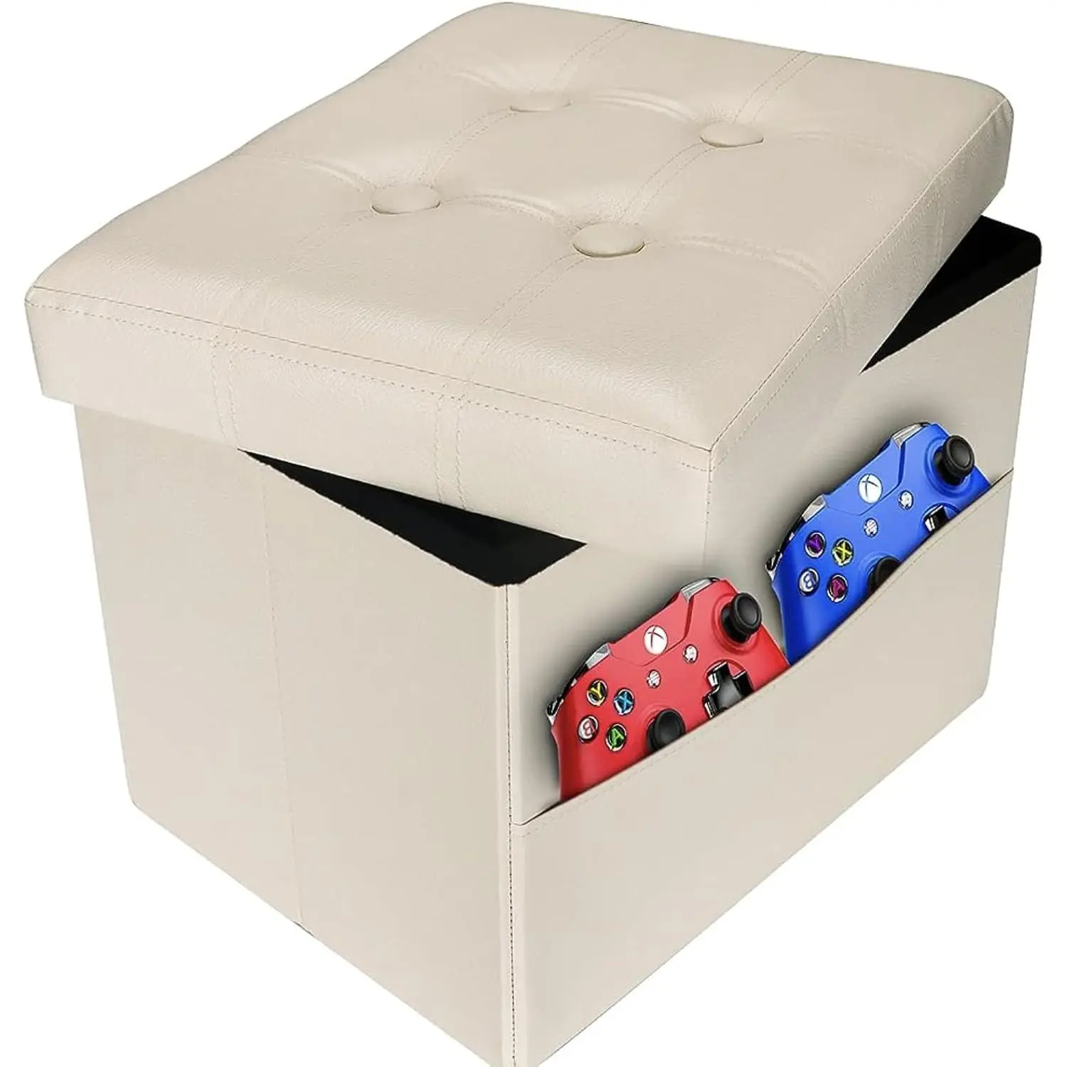 Ottoman with Storage,16" Folding Leather Foot Rest Chest,Beige | Storage Stool Ottoman with Side Pocket,Thickened  Cushion,Livingroom,Dorm,Bedroom,Easy to install,16x12x12in