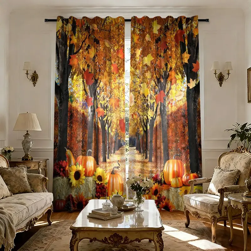 2-piece set. Autumn maple forest and pumpkin harvest scene printed curtains. 2D flat digital printing. Suitable for autumn and winter. Autumn scenery theme is suitable for autumn and Thanksgiving decoration.