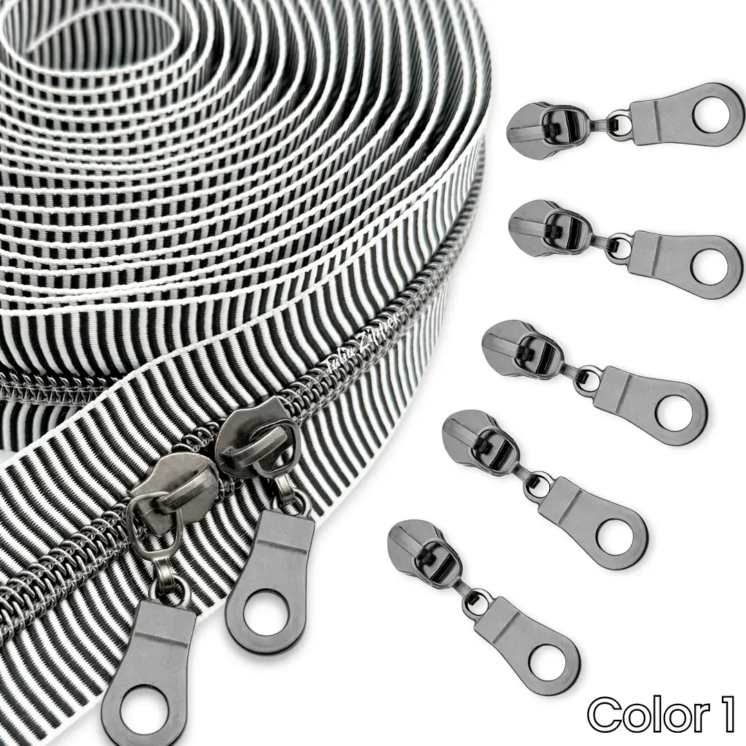 #5 5 yards 180-inch nylon zipper with 5 circular sliders, elegant zebra-pattern zipper cord, and multi-color zipper pulls
