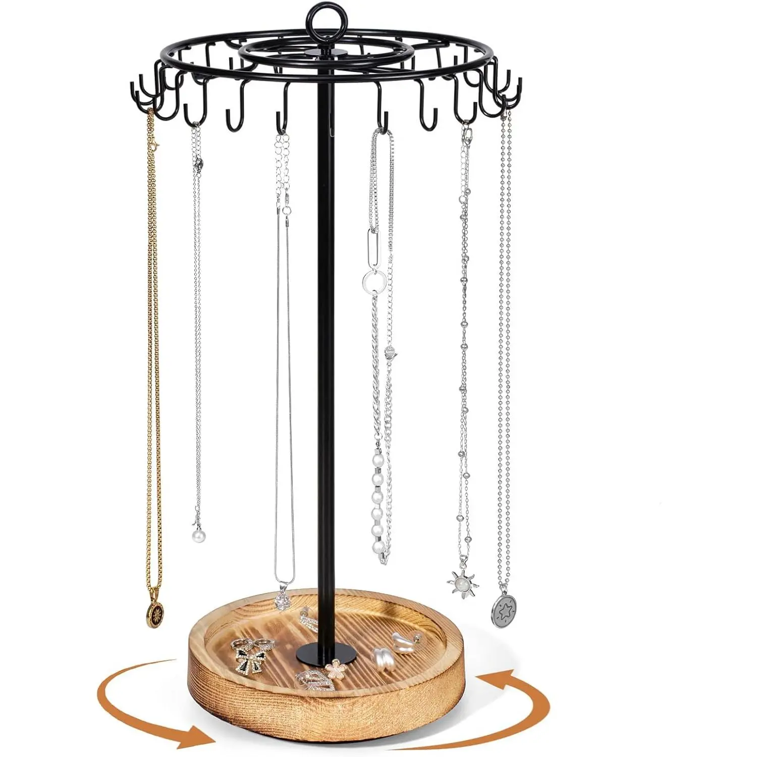 Rotating Necklace Holder, Necklace Organizer Tree Stand with 24 Hooks,  Necklace Display Stand, Wooden & Metal, Tall Spinning for Vendors Retail,  for Mother Women,  Black