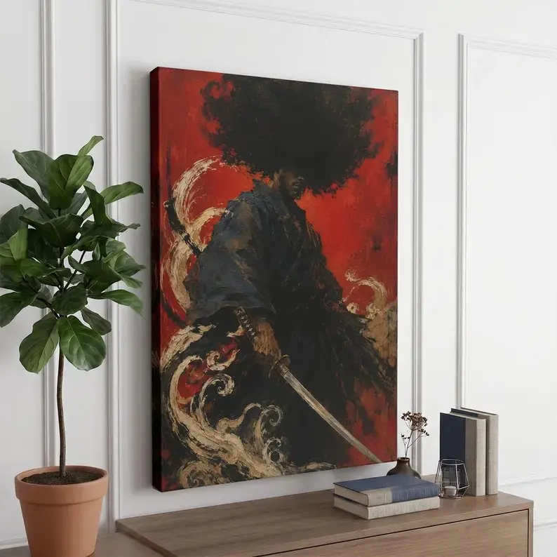 Samurai Afro Wall Art, Japanese Warrior Canvas Print, Dark Red Moody Decor, Urban Ronin Poster, Afrocentric Art, Japanese Aesthetic