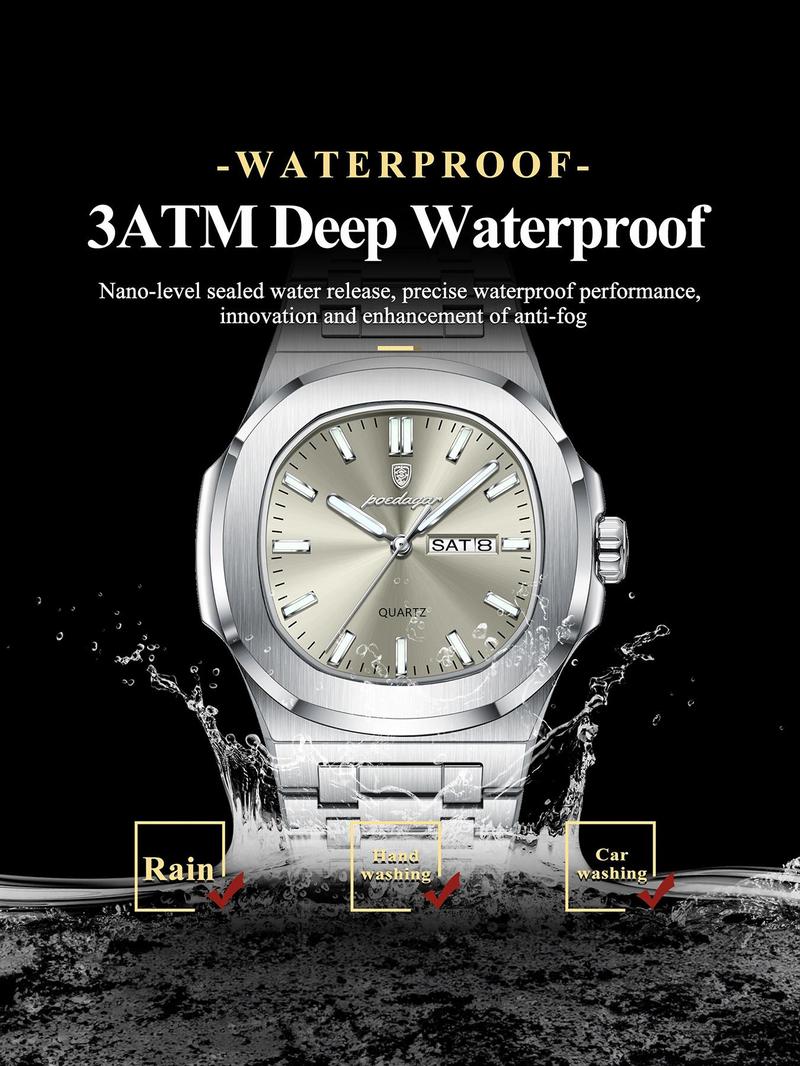 Men's Business Fashion Waterproof Luminous Dial Analog Quartz Watch, Stainless Steel Watches, Fashion Watch for Party, Daily Clothing Decor, Trendy All-match & Exquisite Watch for Birthday Gift with Box