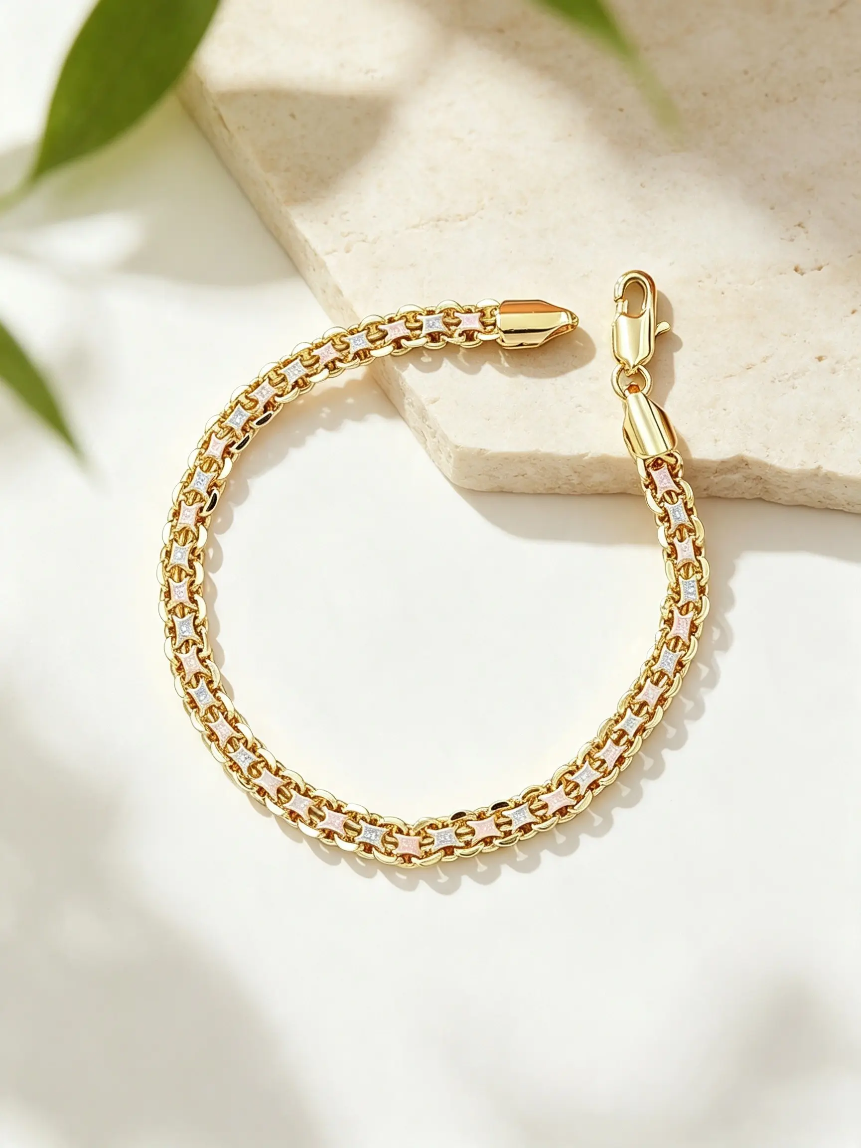 Three‑Tone Flat Curb Bracelet for Women, Pink White Black Enamel Craft, Unique Trendy Wrist Jewelry, Nice Gift Option