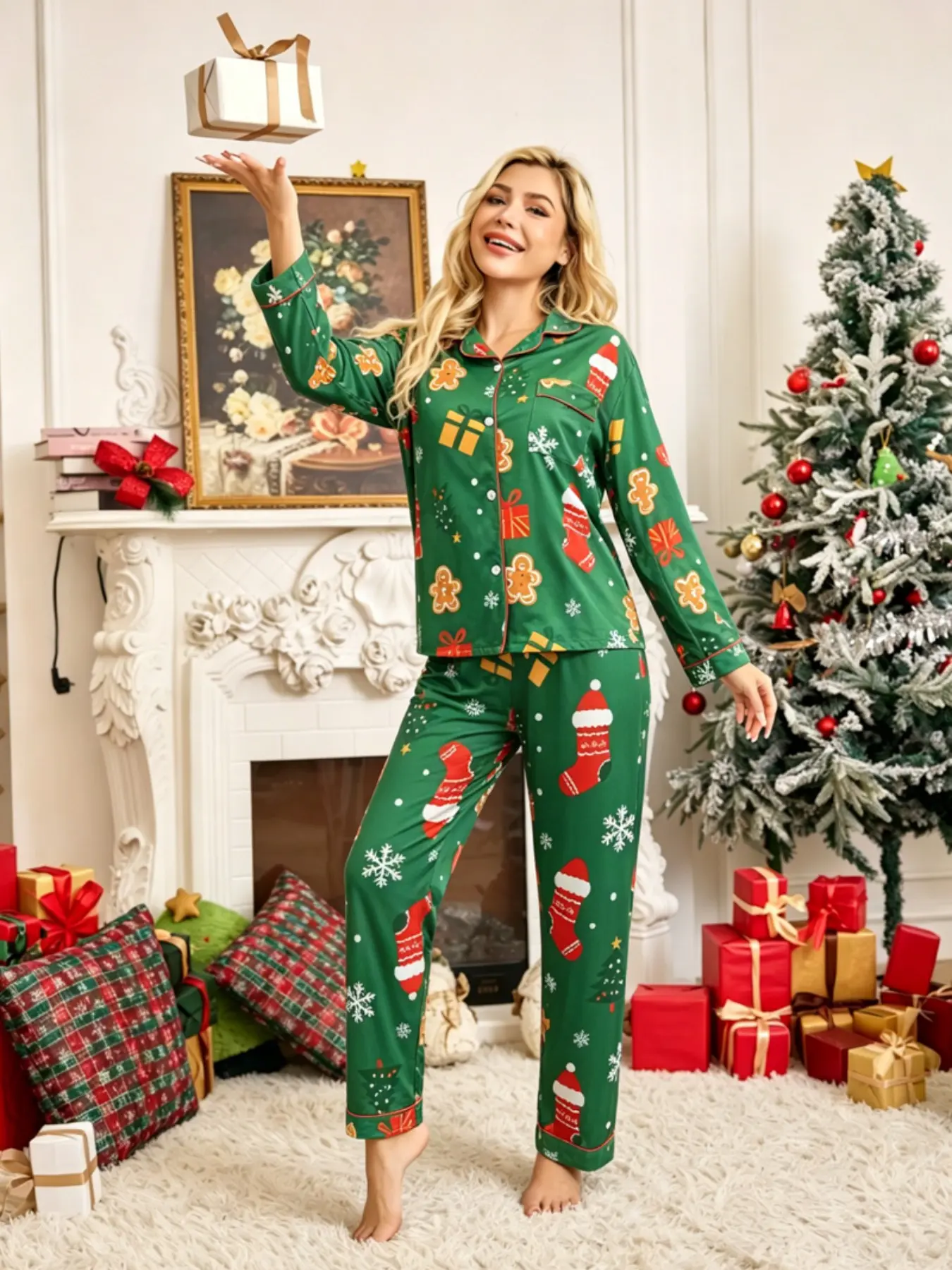 Christmas Limited Edition Gingerbread Man Print Pajama Set, Festive Long Sleeve Sleepwear Loungewear, High-Quality Clear Printing