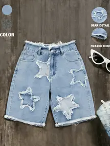 Y2K Vibe Women's Summer Ripped Edge Casual Denim Shorts, Star Pattern, Button Fly, Loose-Fit, Knee-Length, Mid-Waist, Perfect for Parties