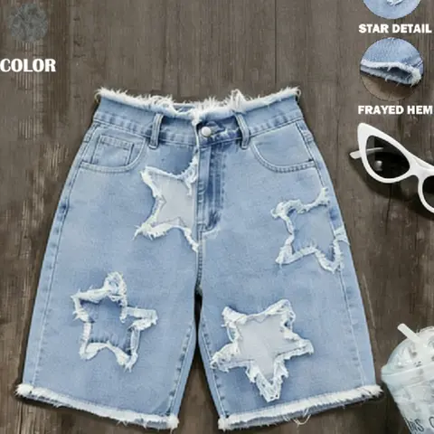 Women's Y2K Vibe Summer Ripped-Edge Casual Fashion Shorts with Star Pattern and Button, Loose-Fit Knee-Length Mid-Waist Design Bottoms for Parties