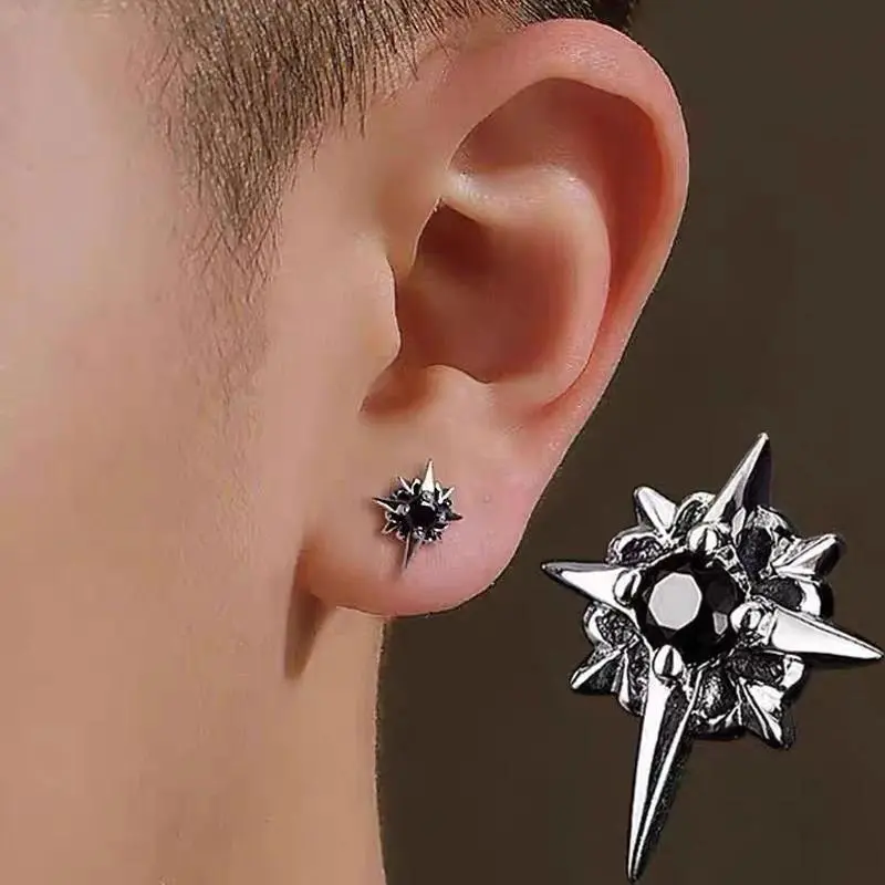 1pairs  Black Zircon Star Stud Earrings for Men Women Black Couple Personality Hip-hop Earrings Party Accessories Jewelry
