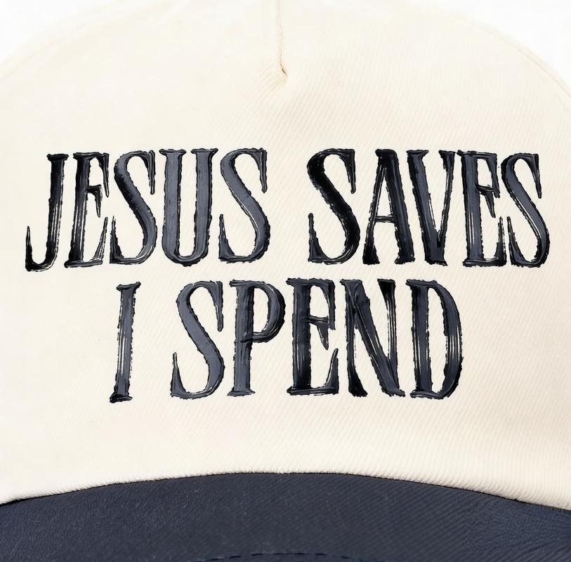 2026 trendy hat, featuring the embroidered "JESUS SAVES ISPEND" pattern, a baseball cap with a contrasting color design, adjustable and unisex unisex hat