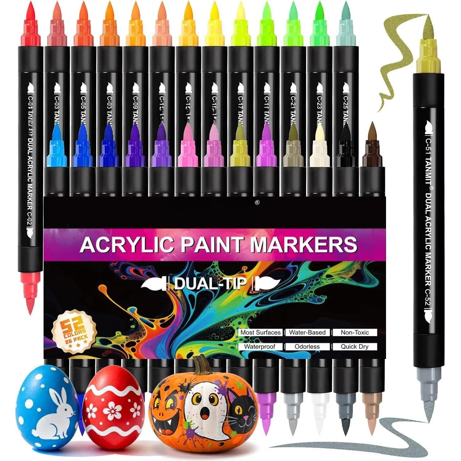 Acrylic Markers Set, 26-Pack Dual-Tip Pens for Rock Painting, Canvas, DIY Crafts Art Supplies Kit (Age 14+), Suitable for Stone, Glass, Ceramic Surfaces