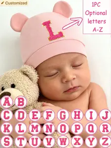 1PC Newborn Cute Cartoon Bear Ear Letter Beanie - A-Z Options Baby 3D Ear Hat Multi-Alphabet Soft Comfort Infant Solid Color Cap Bonnet Newborn Photography Cap 0-3M