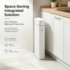 Vertical Slim Bathroom Waste Bin with Integrated Toilet Brush Storage, Minimalist Waterproof Surface, Perfect for Tight Gap Layouts in Modern Home Bathroom Spaces
