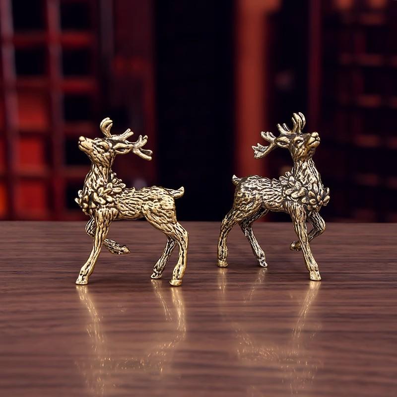 Pure Brass Sika Deer & Elk Figurines (1 Pair) Lucky Home Decor with A Deer Has You Blessing Desktop Ornament Tea Pet for Tea Room Office Shelf Display Vintage Metal Crafts
