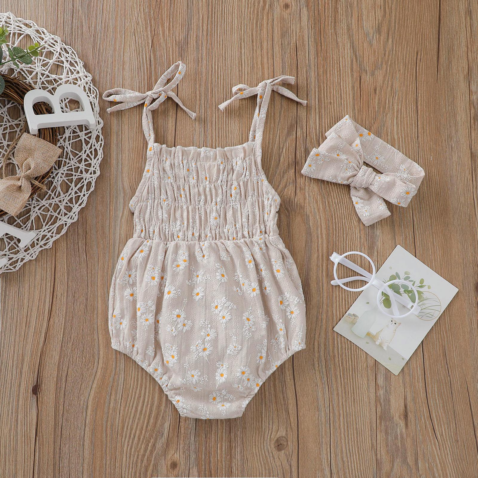 Newborn Baby Girl Bodysuit Sleeveless Daisy Pattern Halter Frill Romper  Jumpsuit with Headband Summer Clothes Set