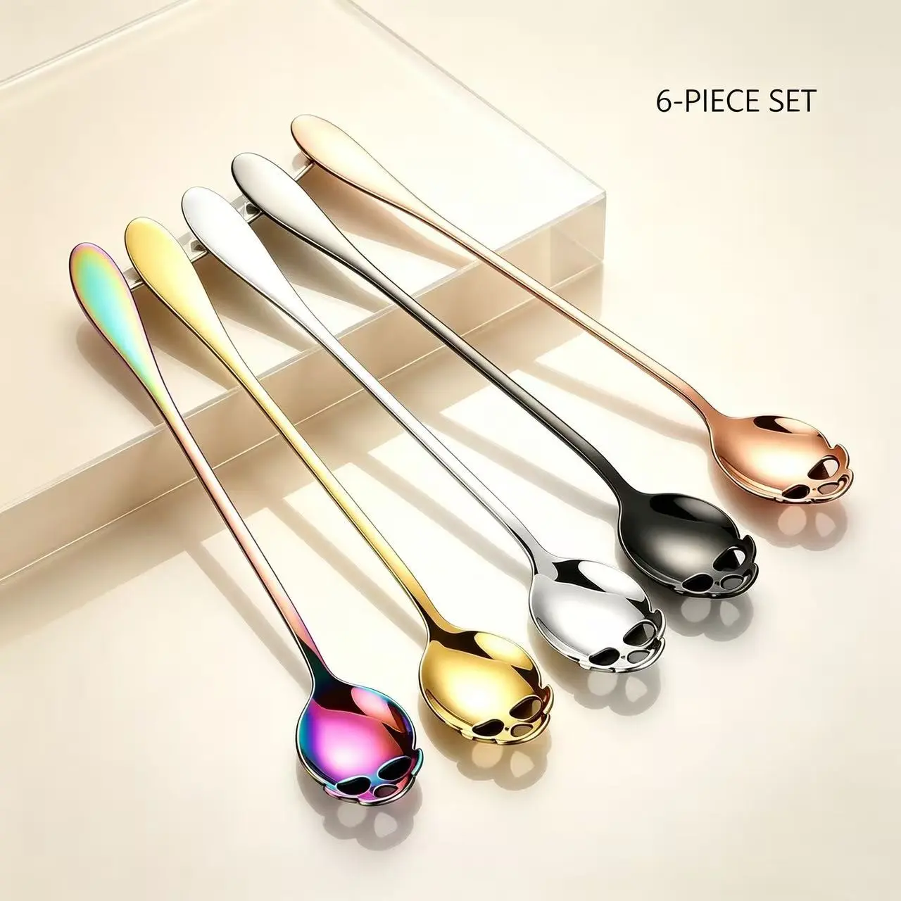 Skull Bone Spoon Set, Stainless Steel Long Handle Ice Scoop, Bar Stirring Spoon, Coffee Dessert Spoon, 6 Piece Kitchen Utensils