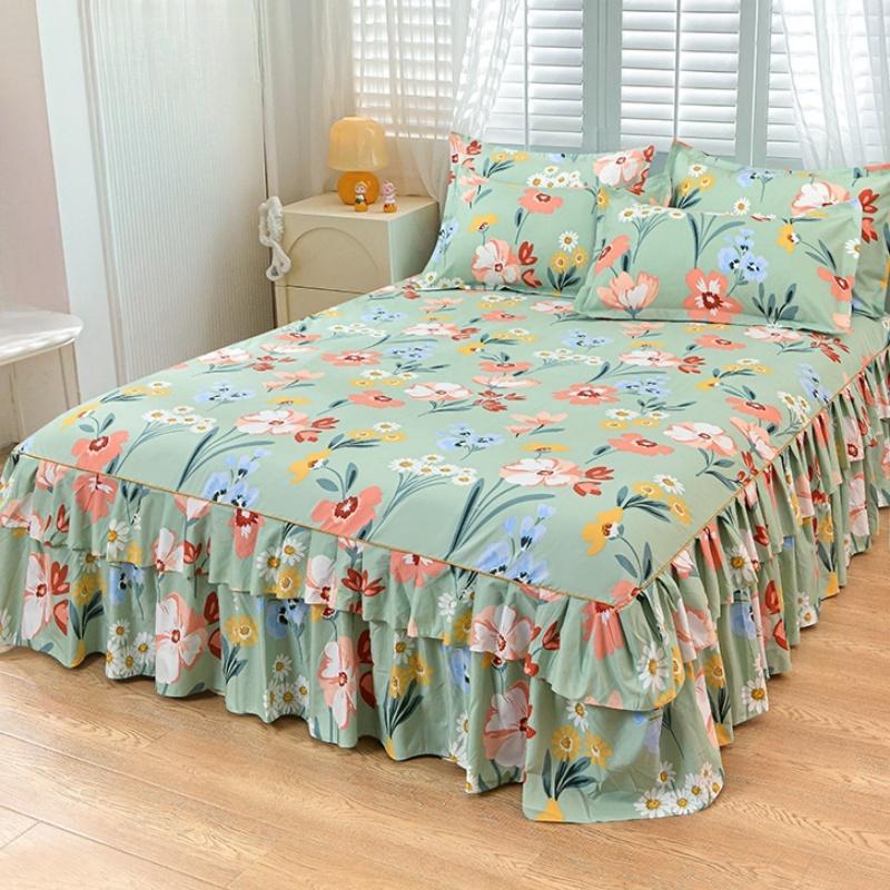 Floral Print Ruffled Edge Bed Skirt Set, 2/3-piece Set Including 1 Bed Skirt and 1 or 2 Pillowcases (without Filler), Soft, Comfortable, Breathable Decorative Bedding Set for Home, Bedroom and Hotel