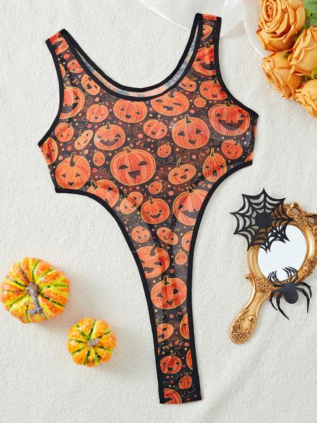 Sexy Halloween Pumpkin Print Jumpsuit - Sleeveless & Stretchy Black/Orange Pajama Set 🎃 #HalloweenOutfit