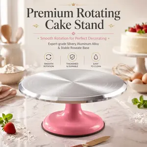 360 Rotatable Aluminum Cake Turntable with Pink Base, Non-slip decorating stand, spins smoothly for perfect cake decoration.