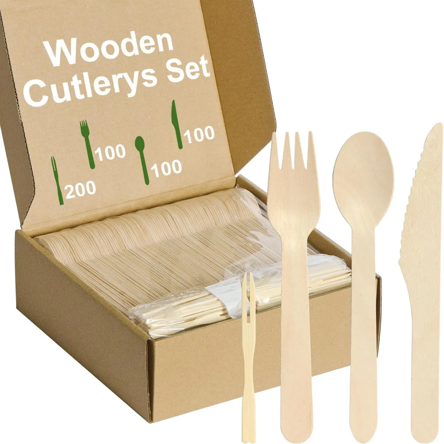 Wooden Utensil Set,Disposable Cutlery,500 Pcs Disposable Wooden Cutlery Set (100 Spoons,100 Forks,100 Knives, 200 Fruit Forks) Sturdy Compostable Wood Disposable Cutlery