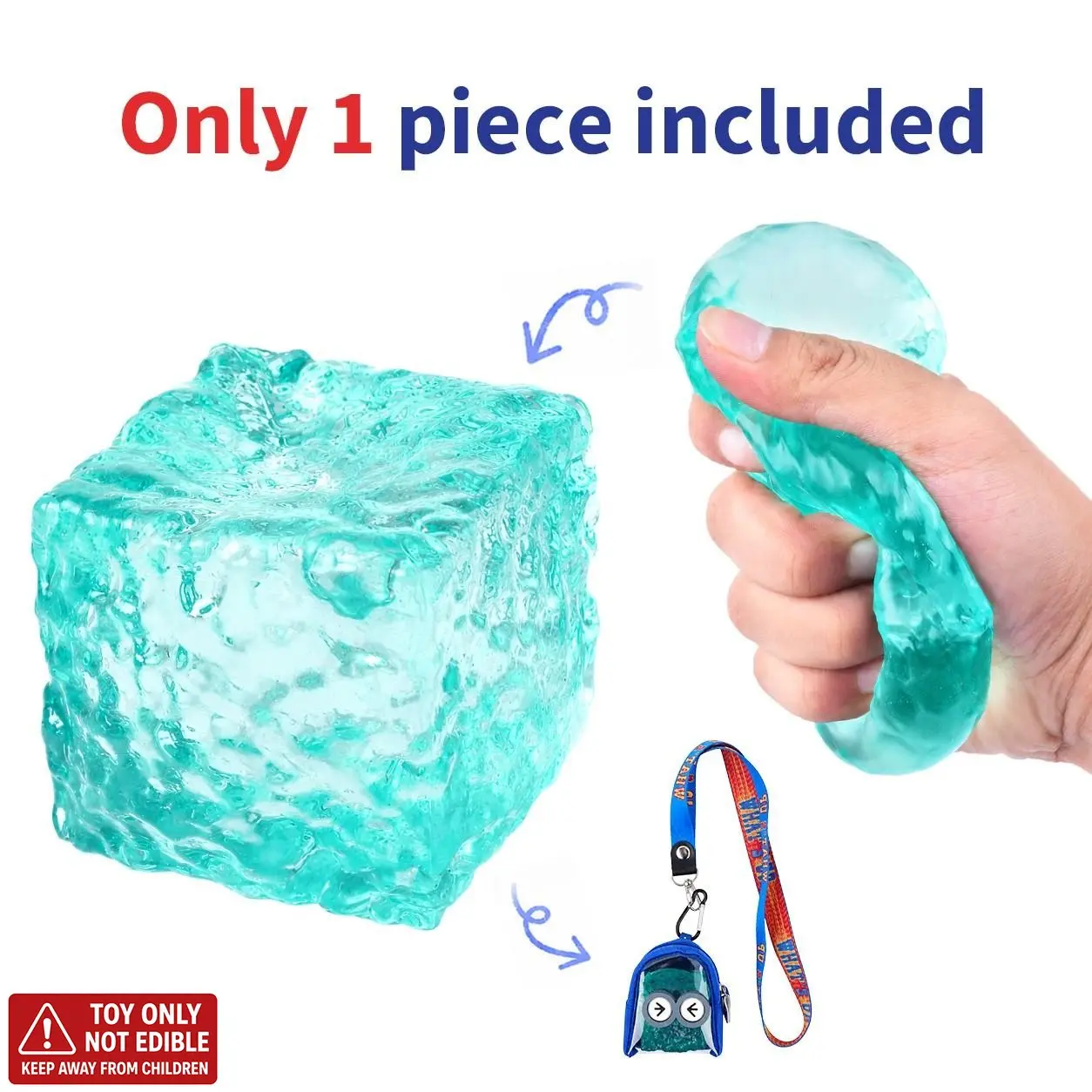 Cute Mini Pinching Squishy Fidget Toy with Lanyard and Backpack Pouch Stress Relief Sensory Ice Cube Squeeze Toy Blue Green Transparent Versatile Keychain Charm for Kids Adults