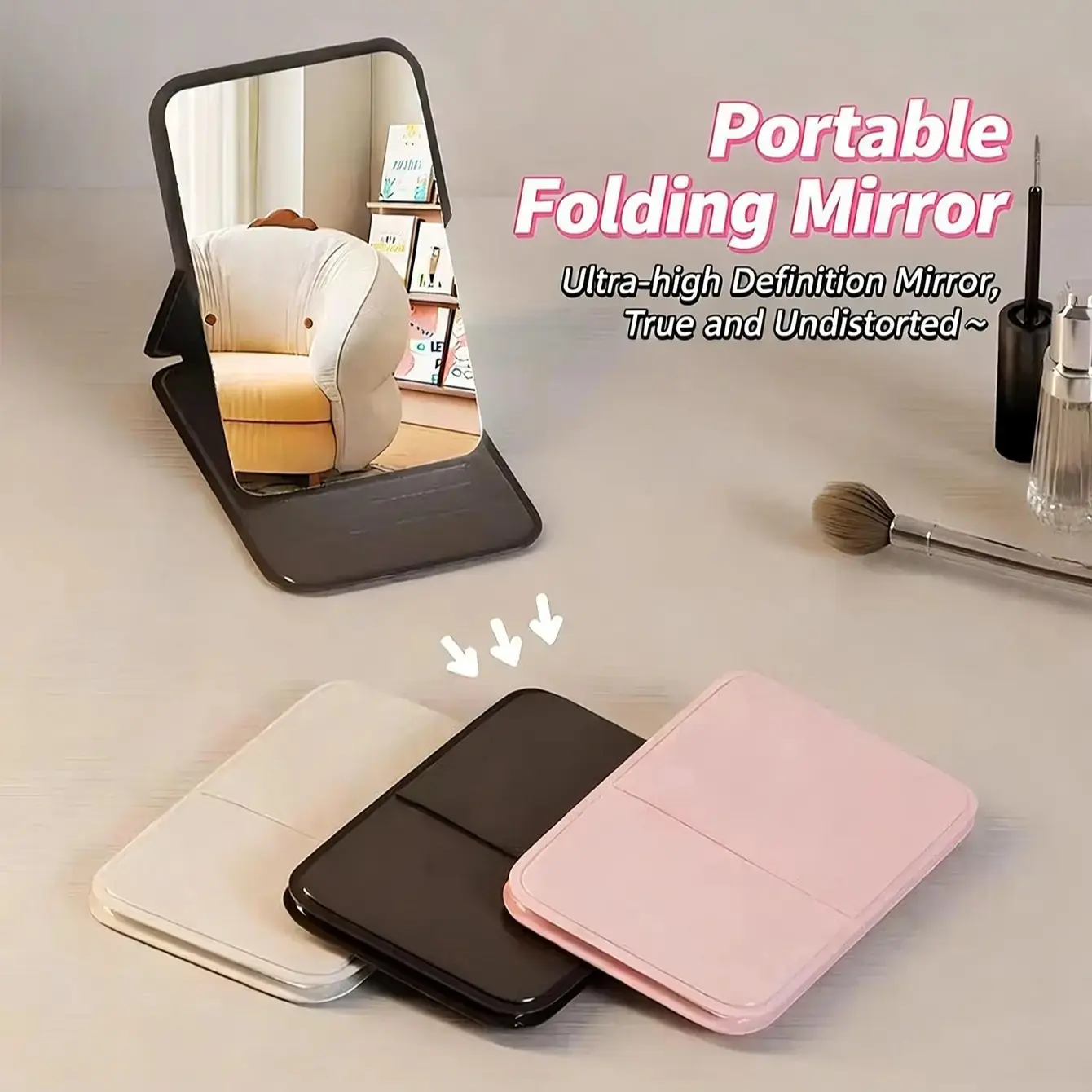 ✨ Portable Folding Makeup Mirror｜PU Leather Compact Vanity Desk Mirror with Adjustable Stand for Travel, Makeup, Dorm, Foldable Vanity Mirror
