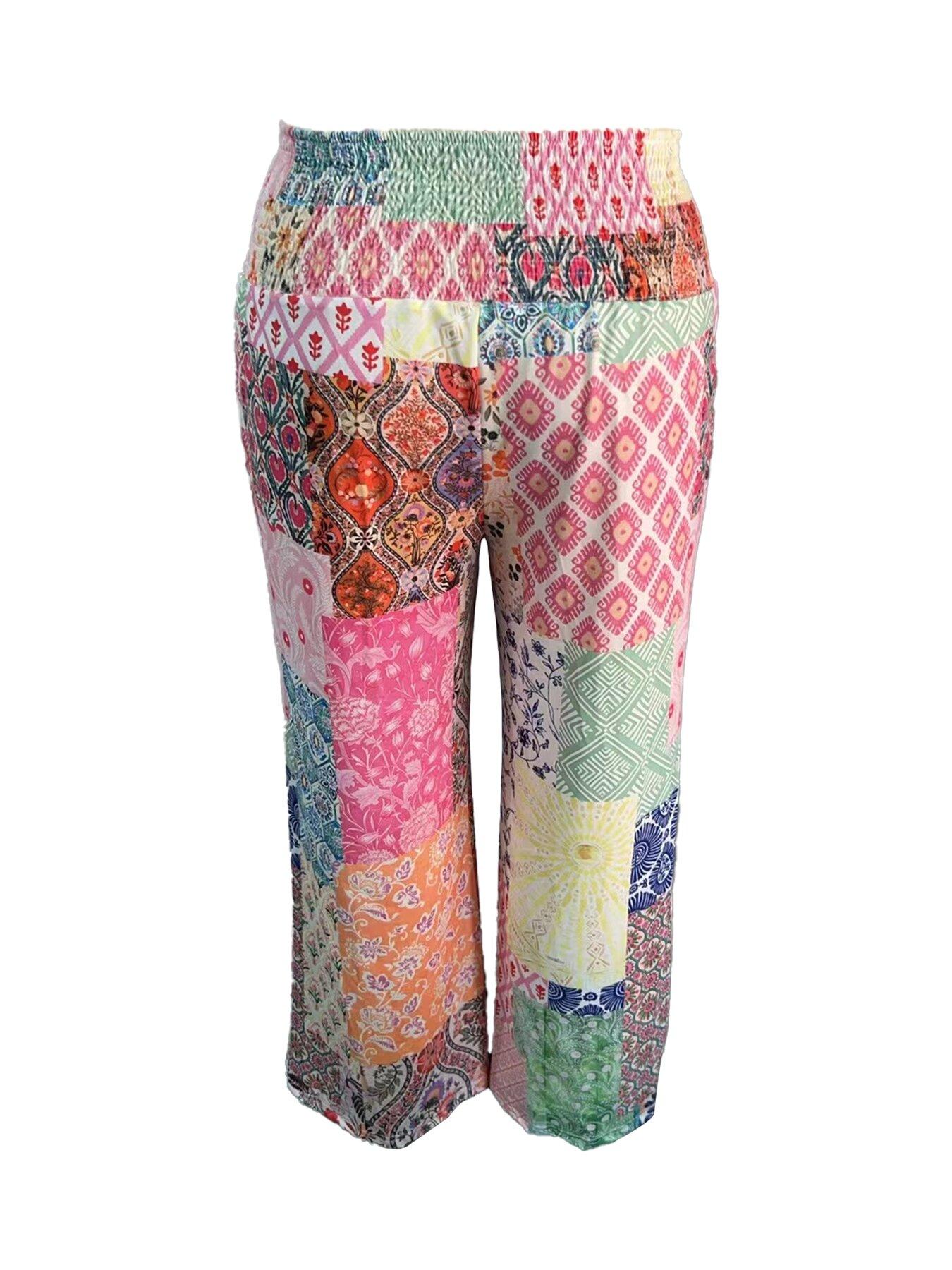 Plus Size Patchwork Print Plicated Shirred Wide Leg Pants, Casual Lounge Pants, Boho Casual High Waist Trousers, Casual Bohemian Trousers for Daily Vacation Holiday Wear, Women's Bottoms for All Seasons