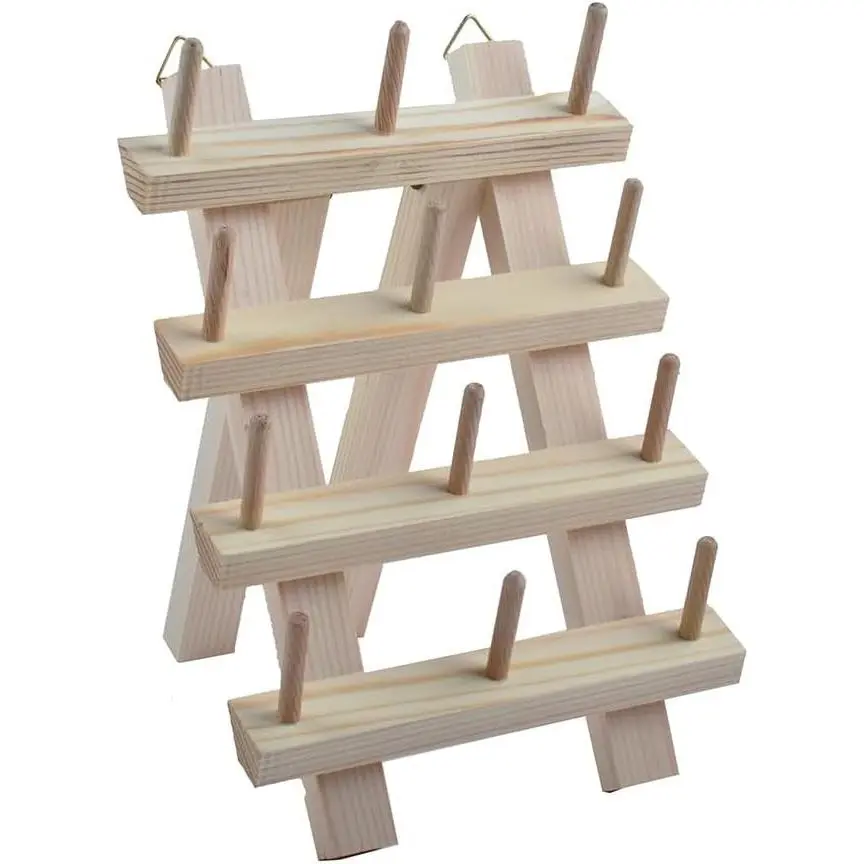 12-Spools Wooden Thread Holder Sewing and Embroidery Thread Rack and Organizer Thread Rack for Sewing with Hanging Hooks