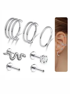 G23 Titanium 7PCS 16G Cartilage Double-Hoop Helix Conch Piercing Jewelry With Cubic Zirconia Flat Back Stud Earrings Set For Women Men