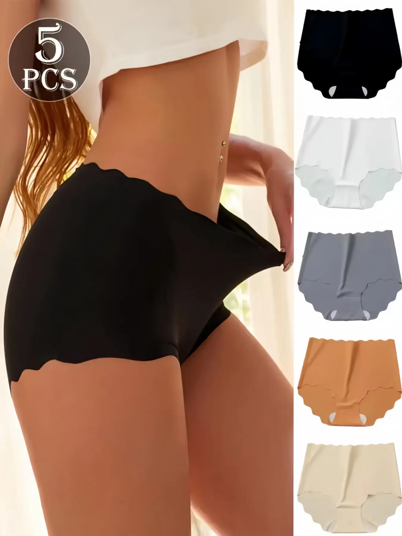 5-Pack Ice Silk High-Waist Women's Briefs, Seamless Comfortable Underwear, Plain Design, All Seasons, Casual Style, Natural Waist
