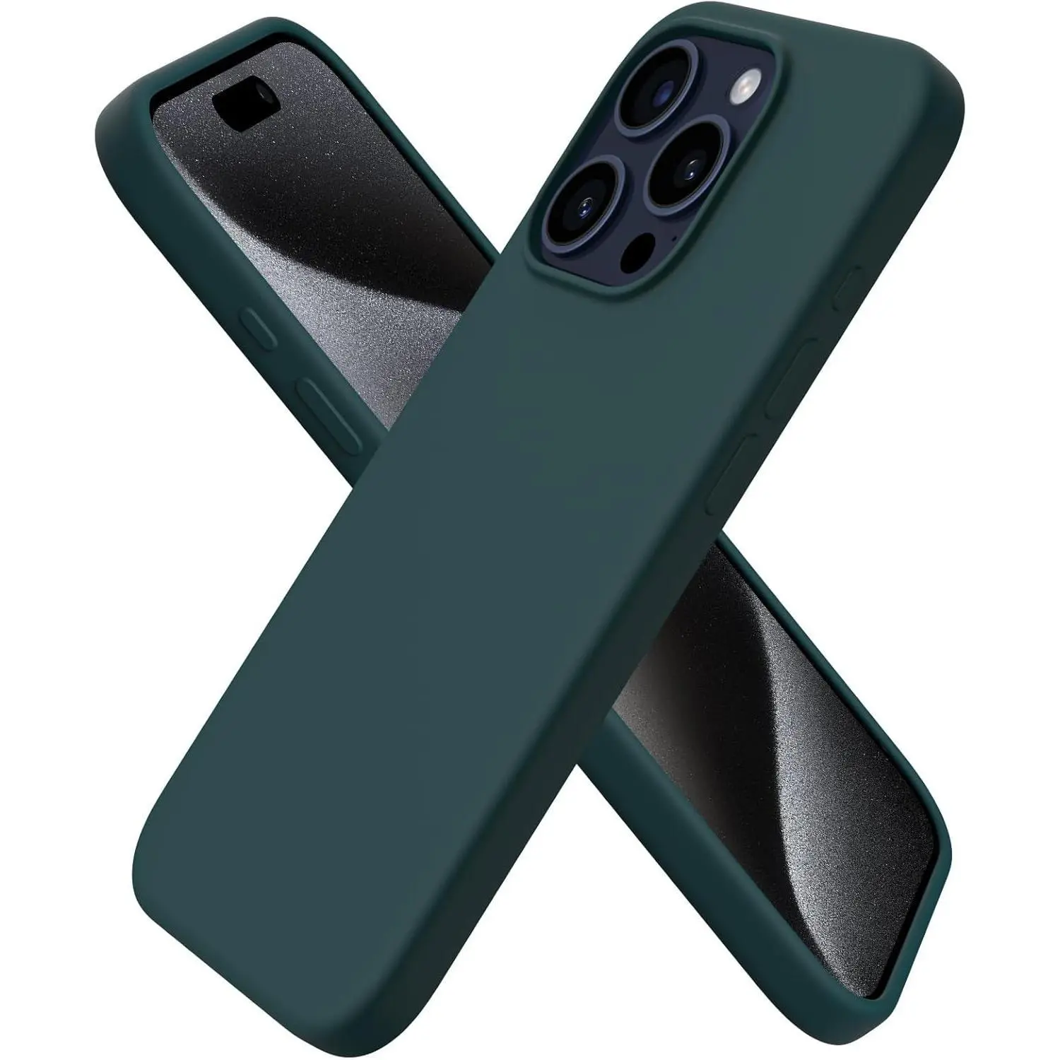 Liquid Silicone 3-Layer Full Cover Phone Case for iPhone 15 Pro (6.1"), Shockproof Slim Soft Gel Rubber Accessories with Anti-Scratch Microfiber Lining - Olive Green