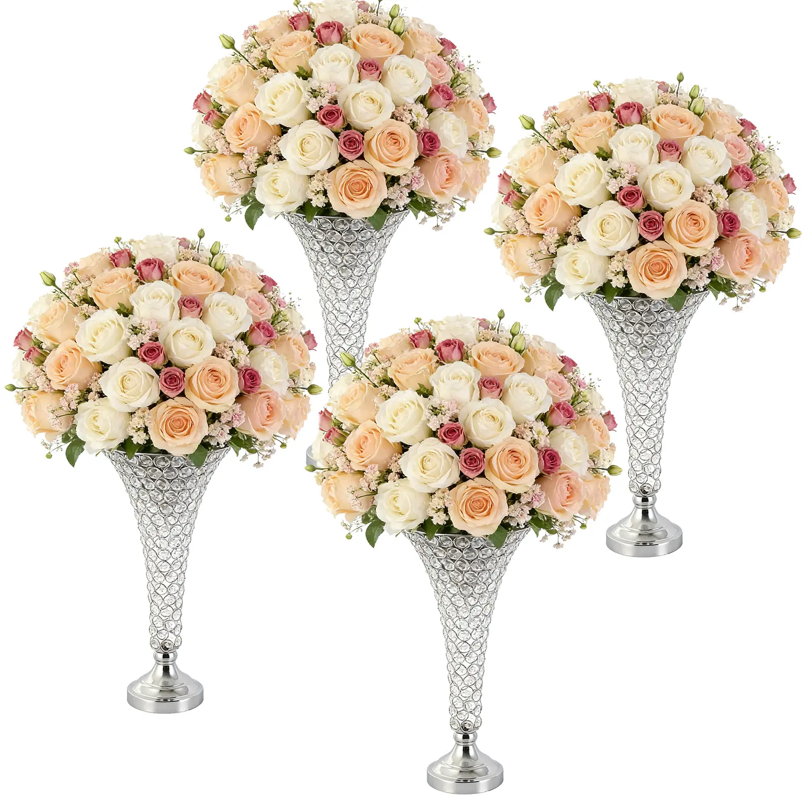 4 Pcs Trumpet Vases for Centerpieces - Tall Metal Gold Vases with Crystal Bead Accents,  Centerpiece Vase for Wedding, Banquets