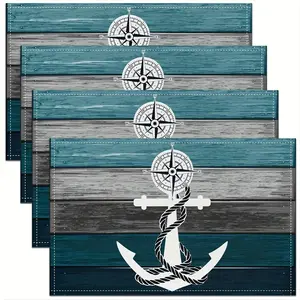 2D flat printing, 2-piece/4-piece/6-piece/8-piece set of sailing themed placemats, ocean anchor compass decorative placemats suitable for children, teenagers, adults, watercolor blue wood stripe printed kitchen mats suitable for dining tables