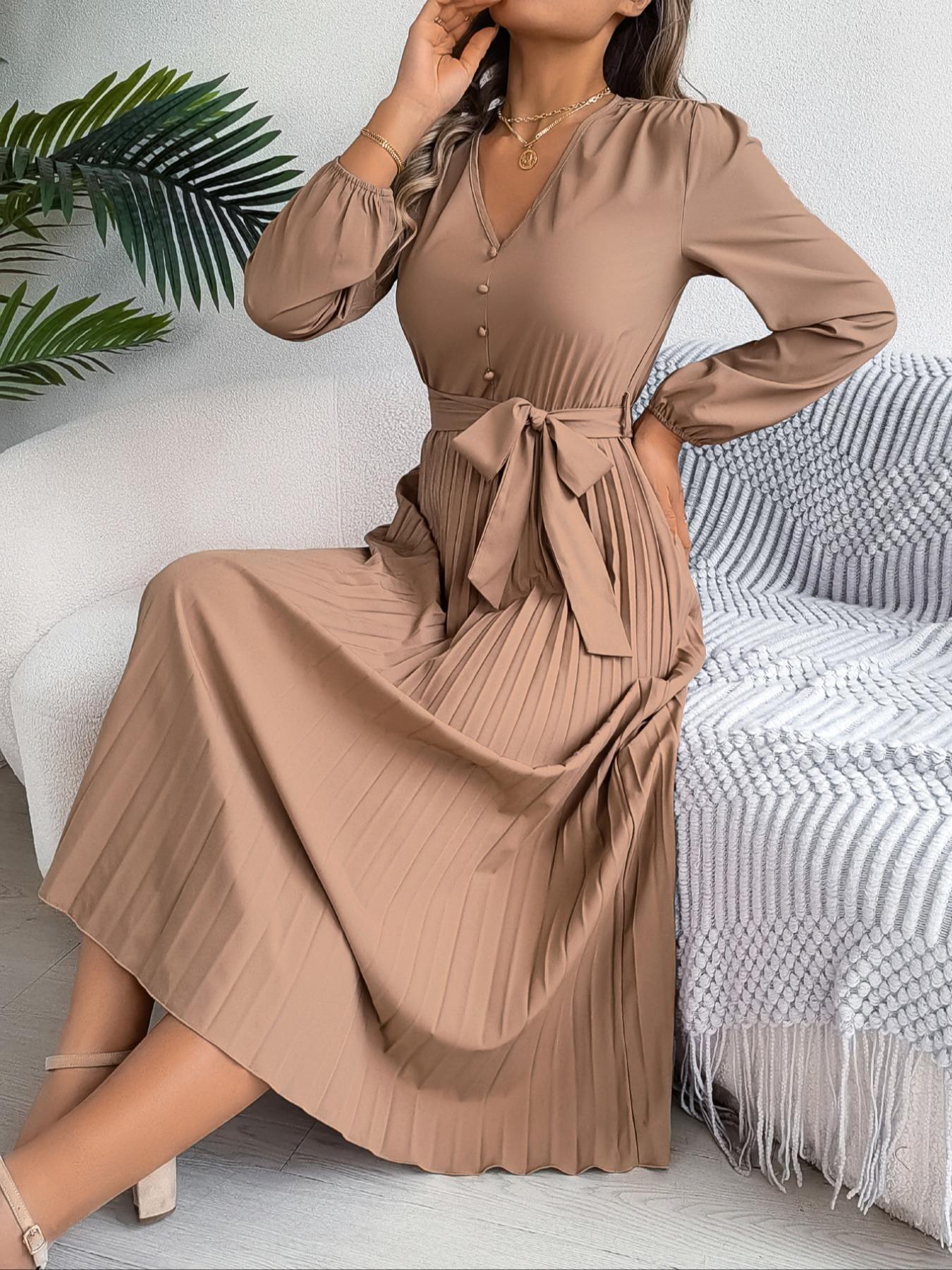 Women's Plain Fake Buttons Belted Pleated Dress, Elegant Chic Bishop Long Sleeve V Neck A Line Dress for Party Wedding Guest, Dresses for Women, Ladies Clothes for Spring & Fall, Birthday Dresses, Womenswear
