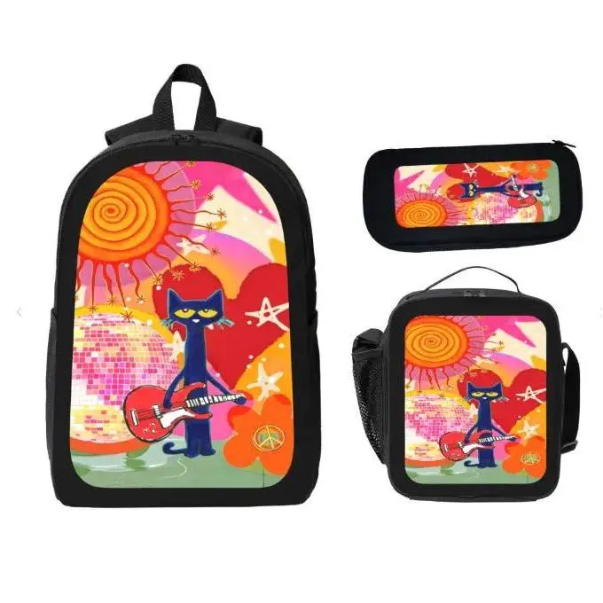 1. Pete The Cat Disco Retro 3 Piece Backpack Set | Backpack + Lunch Bag + Pencil Case Lightweight Waterproof Kids School Bag