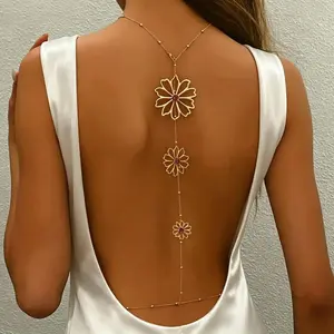 Elegant Floral Back Necklace Gold Tone Body Chain Jewelry for Women Bridal Wedding Backless Dress Accessory Sophisticated Vacation Statement Jewelry