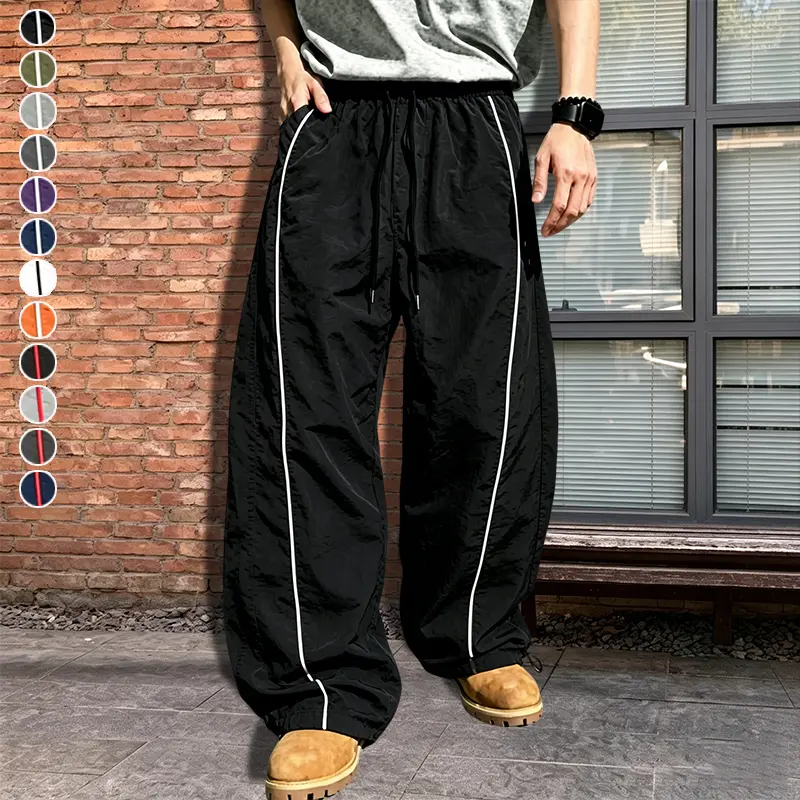 Summer two-color patchwork quick drying casual pants for men, trendy brand loose wide leg paratrooper pants, elastic waistband drawstring, foot binding, two in one sports pants, American retro drape, versatile floor pants