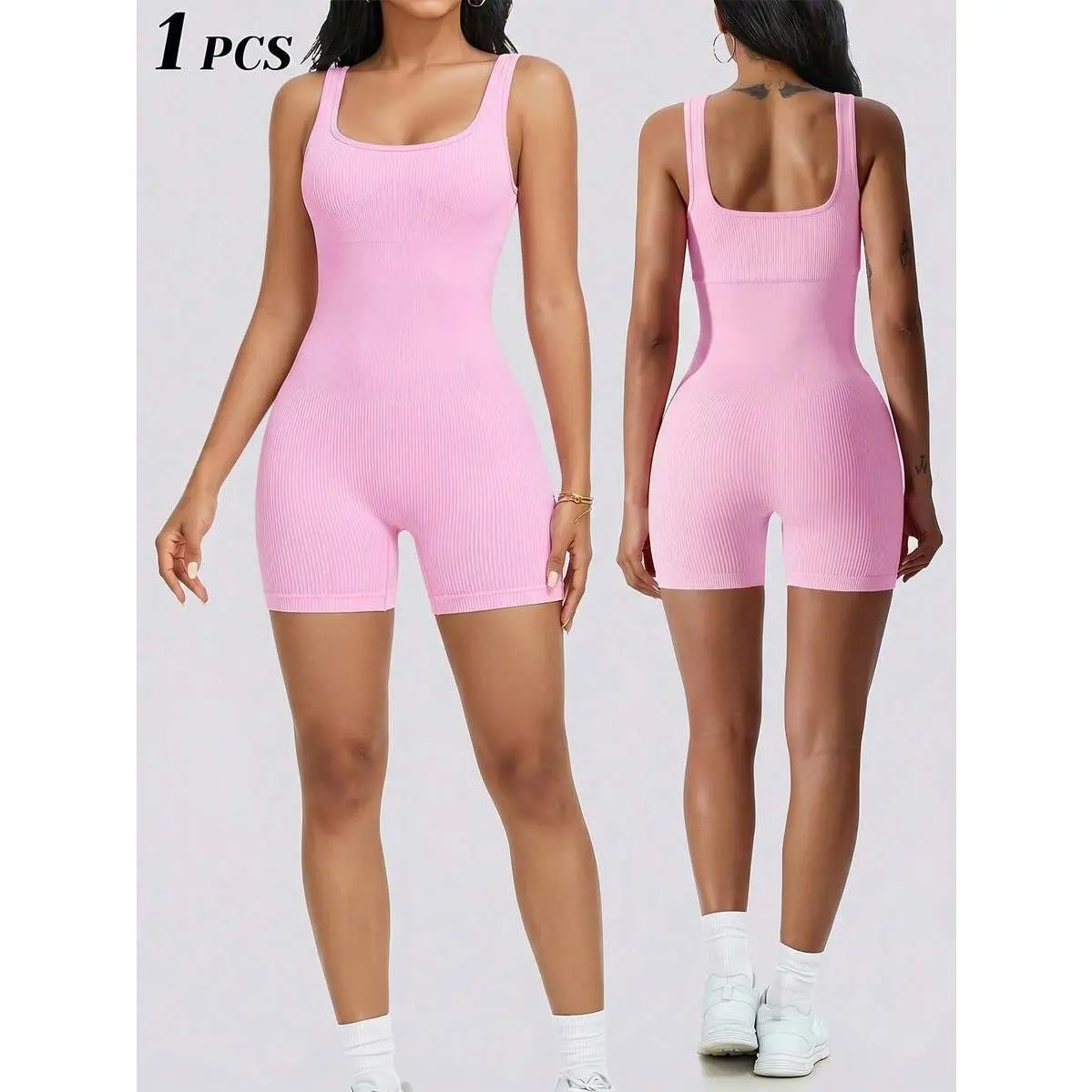 Women's Jumpsuits Seamless Ribbed Square Neck One Piece Yoga Workout Sleeveless Rompers Tank Top Shorts,Padded,Tummy,Control