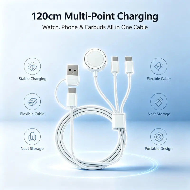 All-in-one 4 Port Charging Wire With Magnetic Watch Charger, Foldable Dual USB-A & USB-C Plug, Charge Apple Watch & Two Type-C Phones Simultaneously For Travel & Daily Use