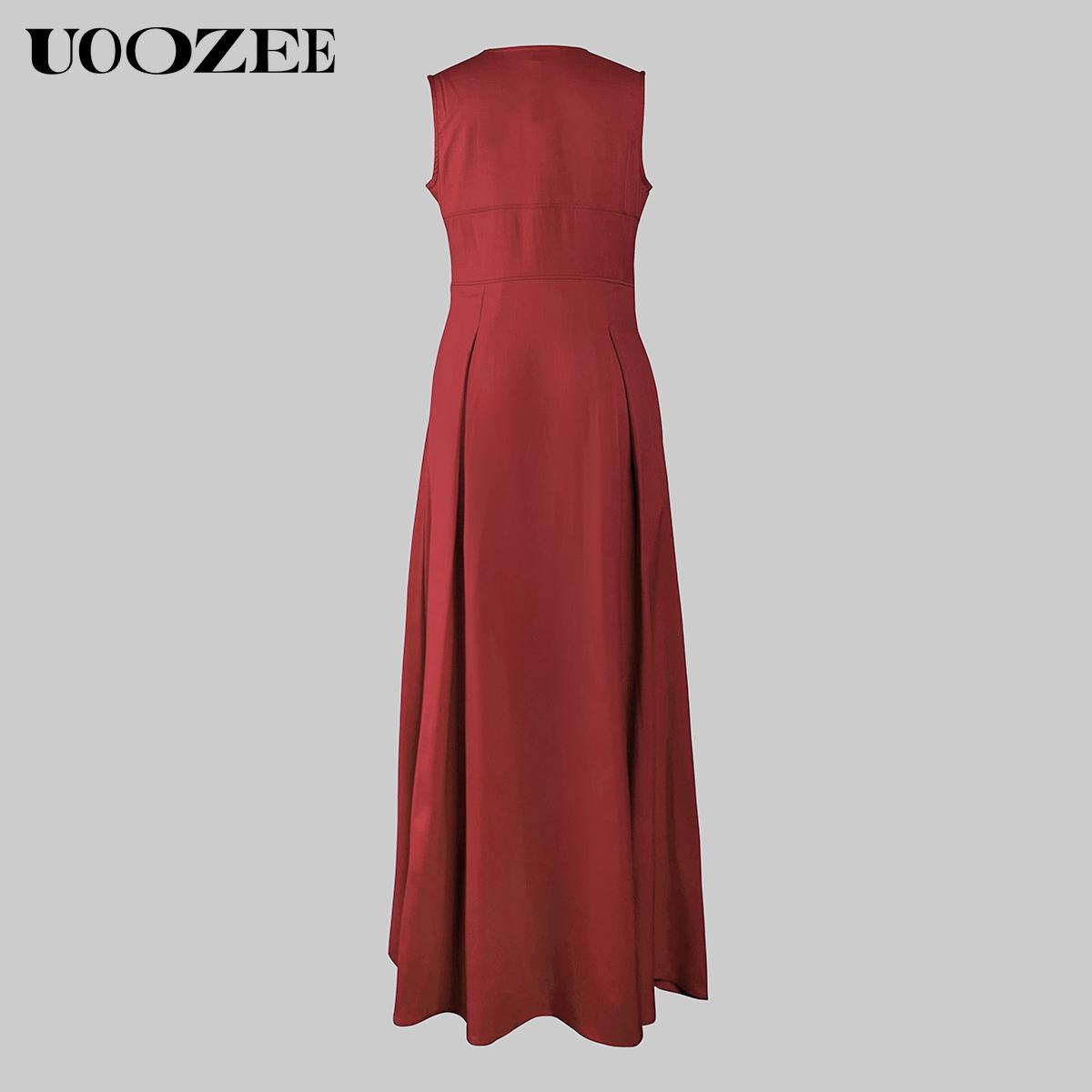 UOOZEE Women's Summer Casual Elegant A-line Loose Pleated Pockets Zipper Round Neck Long Minimalist Dress. Smaller Bust Fit One Size Up Recommended for C - Cup Above & smaller bust can order a normal size. Multiple colors, Sleeveless Womenswear Check