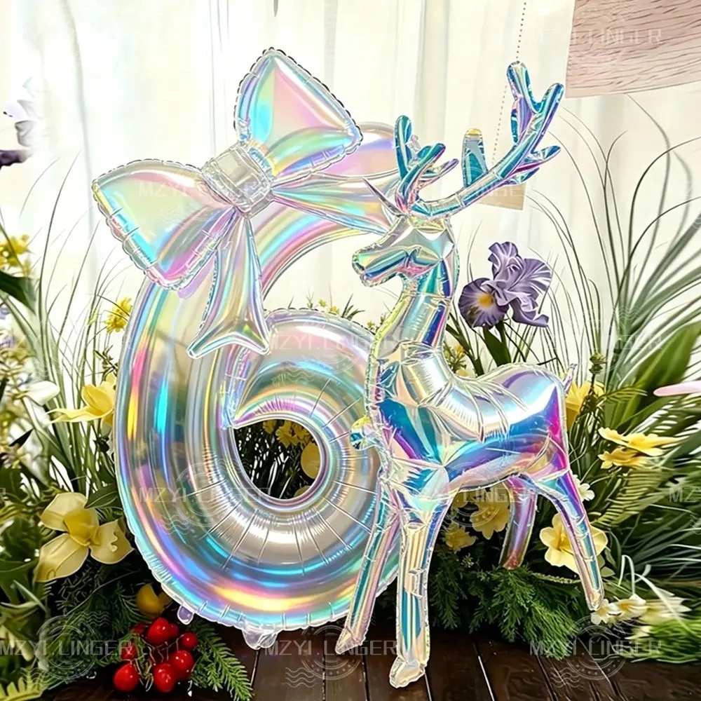 Colorful Reindeer Standing Balloon, Transparent Rainbow Number Balloon, 24-Inch Bow Balloon Kit, Perfect for Kids, Adult Birthday Parties, Christmas, Winter Themes, Party Balloons