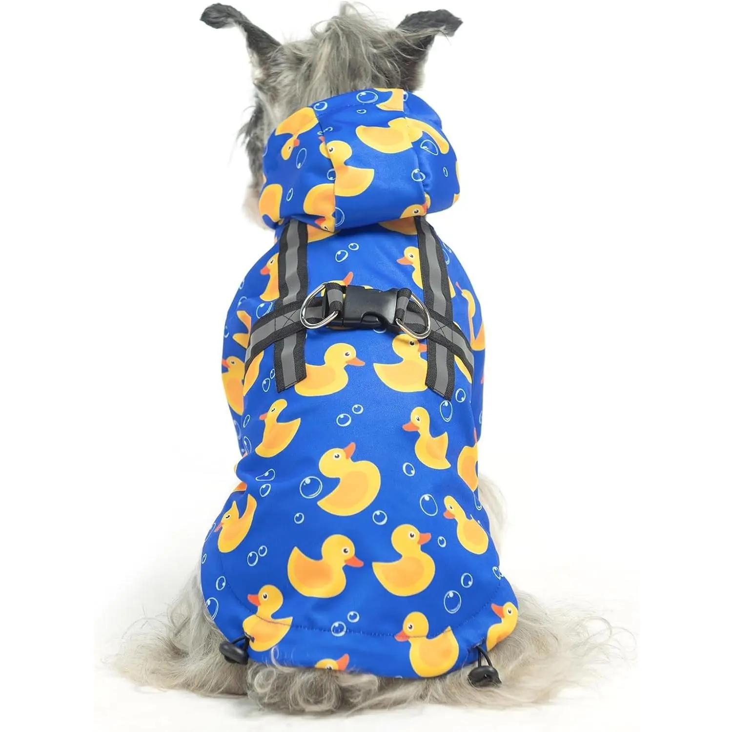 Weatherproof Dog Rainwear Poncho Vest - Waterproof, Built-in Hood & Harness, Reflective, Duck Print, Size M for Rainy, Snowy Days