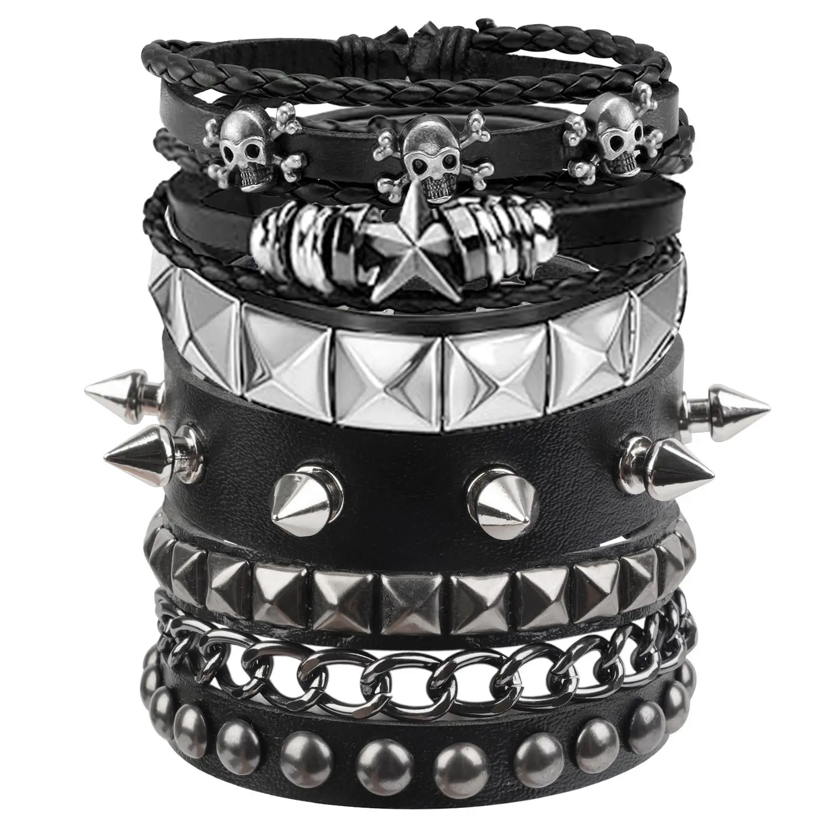 5Pcs Punk Braided Leather Bracelets Set, Black Punk Rock Skull Bracelet Gothic Cuff Wrap Bangle Multi-layer Bracelets Rock Wristbands Halloween Leather Rivet Spike Studded Cuff Wristband Star Accessories