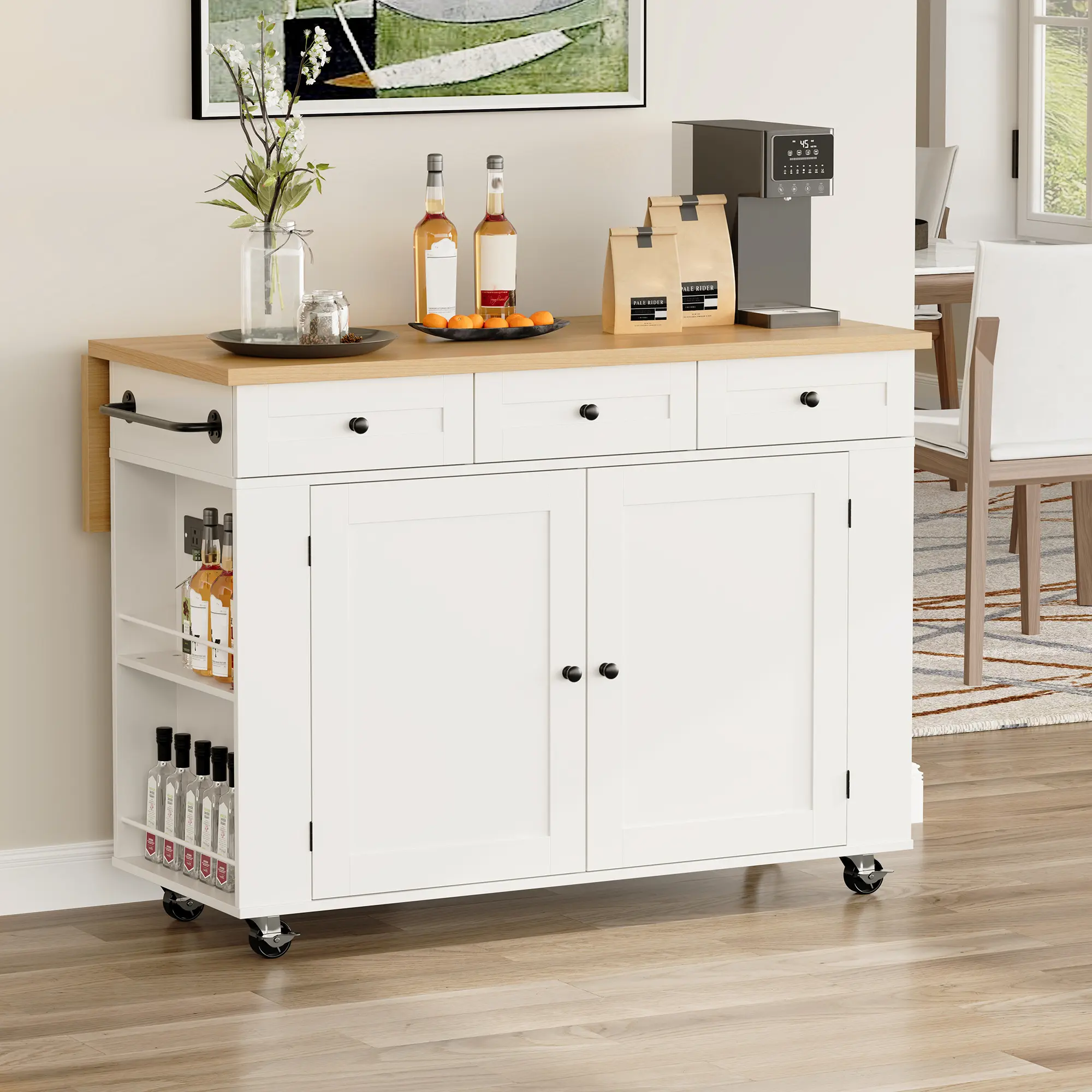 47.2" Mobile Kitchen Island with Drop Leaf Countertop, Charging Station & Ample Storage, Rolling Kitchen Cart on Wheels with Pull-Out Shelves, Drawers, Spice Rack & Organizer Divider