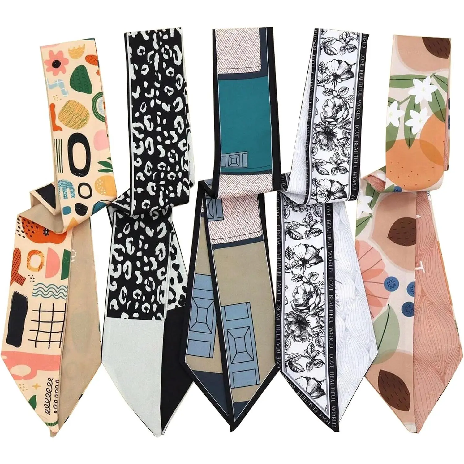 5 count Purse Scarf Handbags for Women, Satin Scarf for Bag Lightweight Skinny Twill Boho Headbands for Women Stylish Hair Accessories