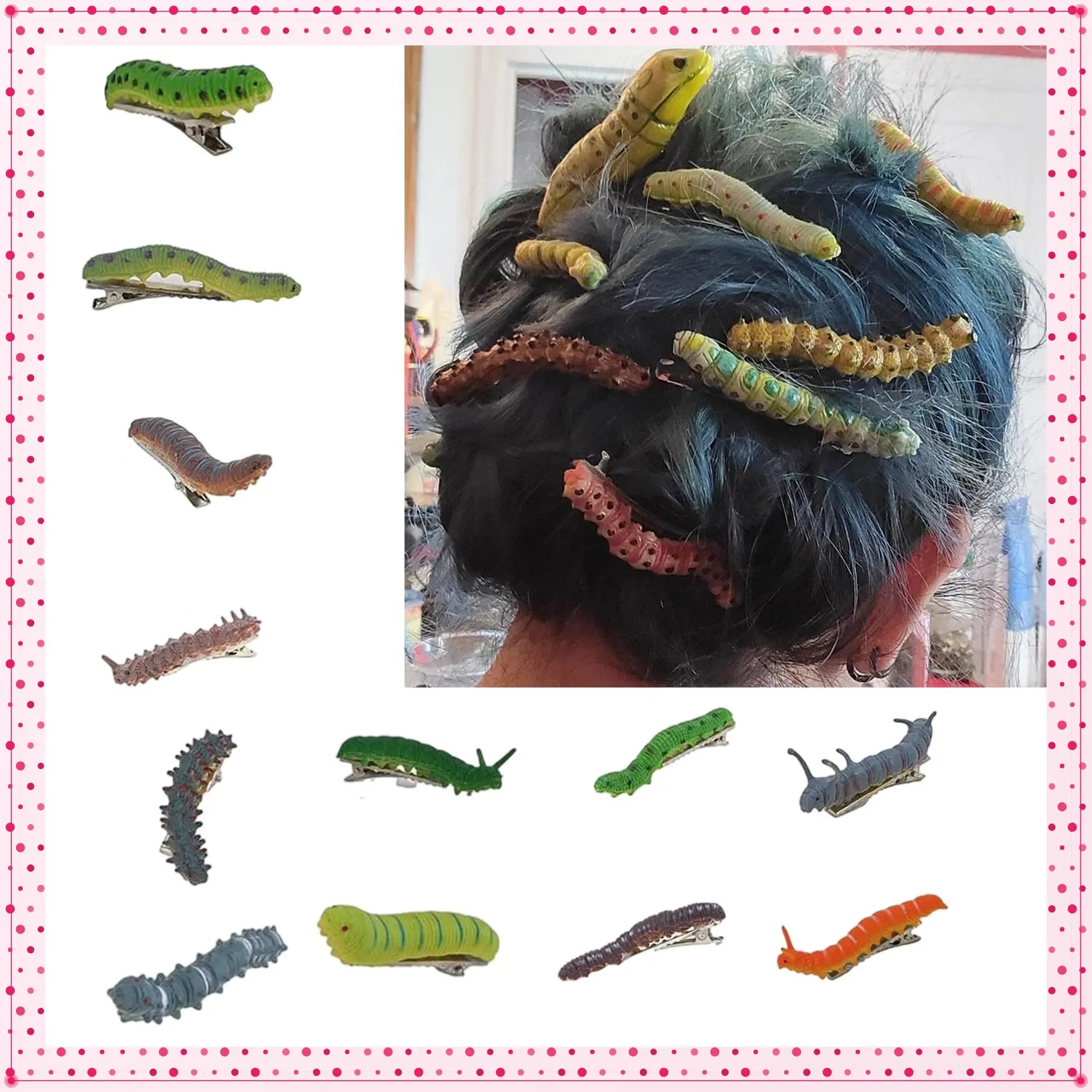 12Pcs Hand Painted Halloween Caterpillar Hair Clips 3D Reptile Bug Duckbill Clips Spooky Party Hair AccessoriesGift
