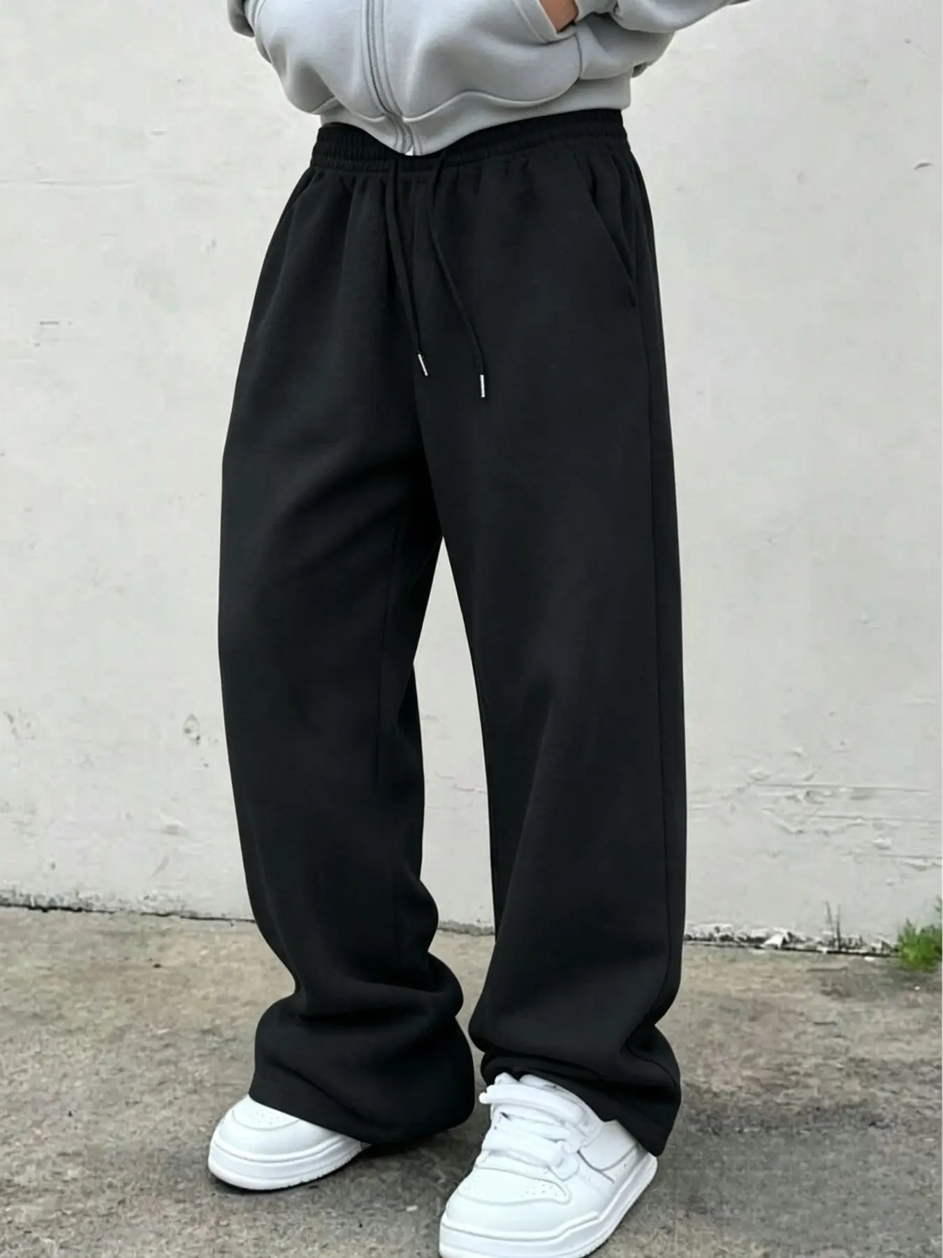 Men's Solid Color Wide Leg Sweatpants, Loose Straight Fit Casual Long Pants, Drawstring Waist, Soft Breathable Fabric, All Seasons