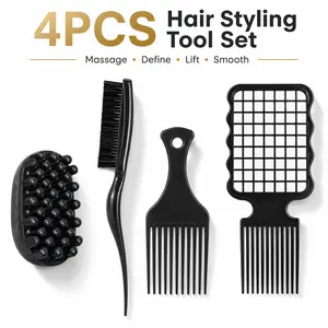 4Pcs Curly Hair Styling Tool Set, Curl Sponge Brush, Edge Brush, Wide Tooth Pick Comb & Root Lift Comb for Coily, Wavy, Thick & Textured Hair, Detangling, Curl Defining, Scalp Massage, Flyaway Smoothing & Daily Hair Care