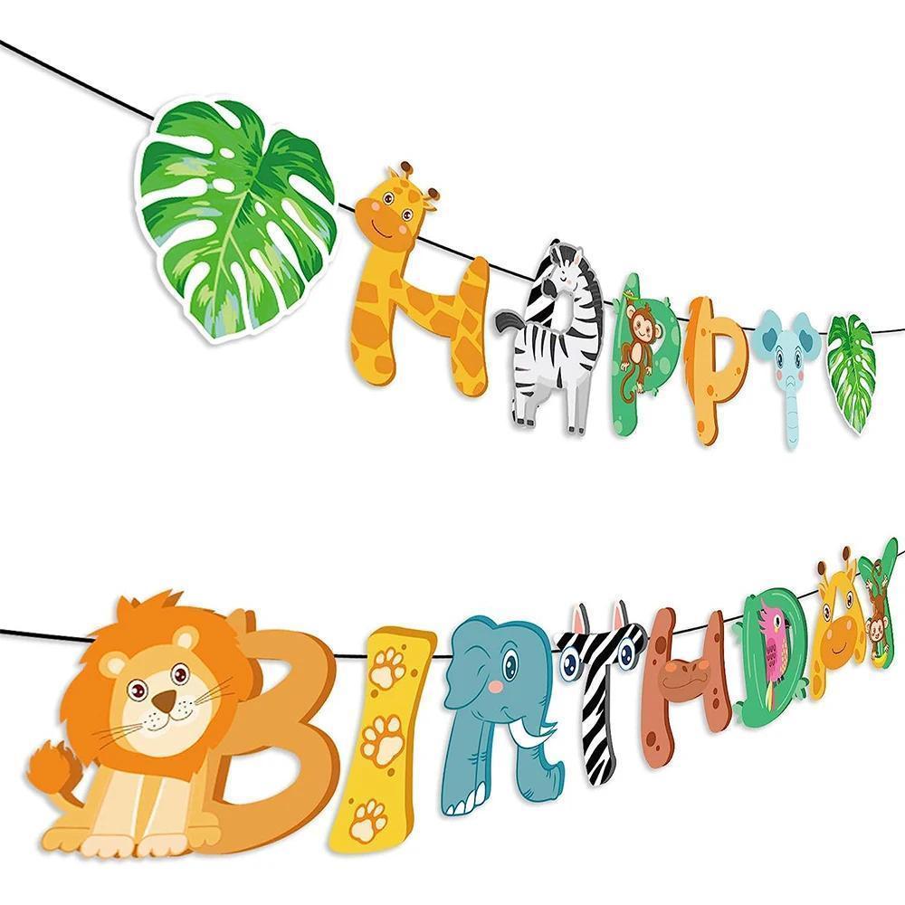 Safari Animals Happy Birthday Banner Pennant Foil Animal Balloons for Kids Jungle Safari Zoo Theme Party Decoration Supplies Toy