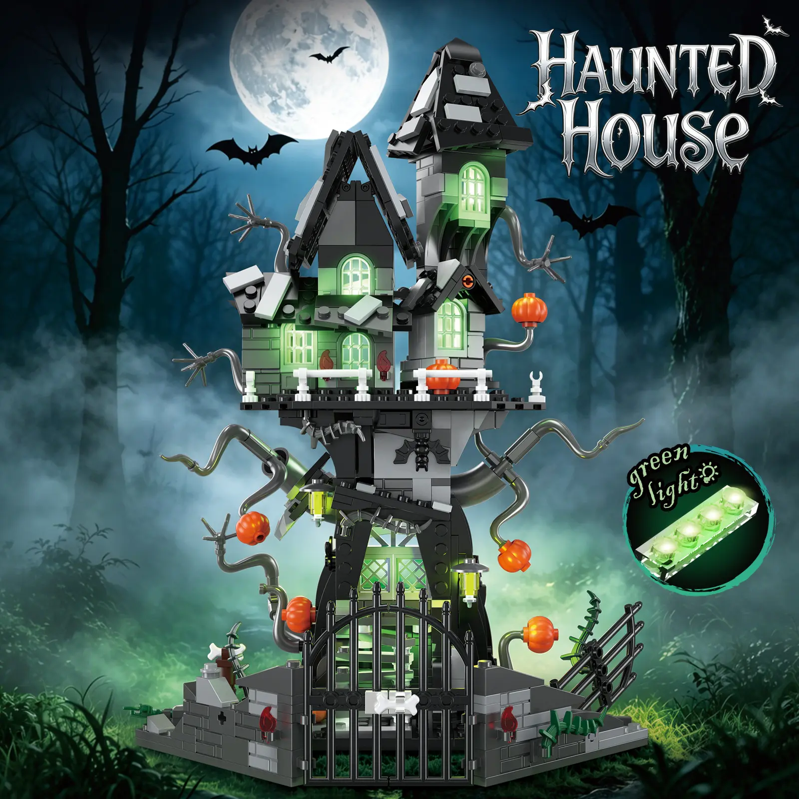 800+ PCS Halloween Haunted House Building Block Set with LED Lighting – Spooky Treehouse Castle with Pumpkins, Ghosts, Bats & Glowing Windows – Compatible with LEGO – Perfect Halloween Decor & Gift for Kids 8+ & Adults