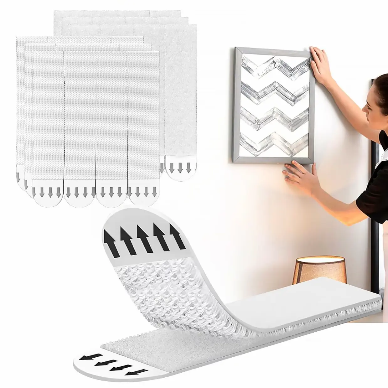 Heavy Duty Double-Sided Adhesive Hook & Loop Strips - Adhesive Tape with Drill-Free, Residue-Free Removable Hooks, Easy Installation for Picture Frame Fixing, Home Wall Mounting