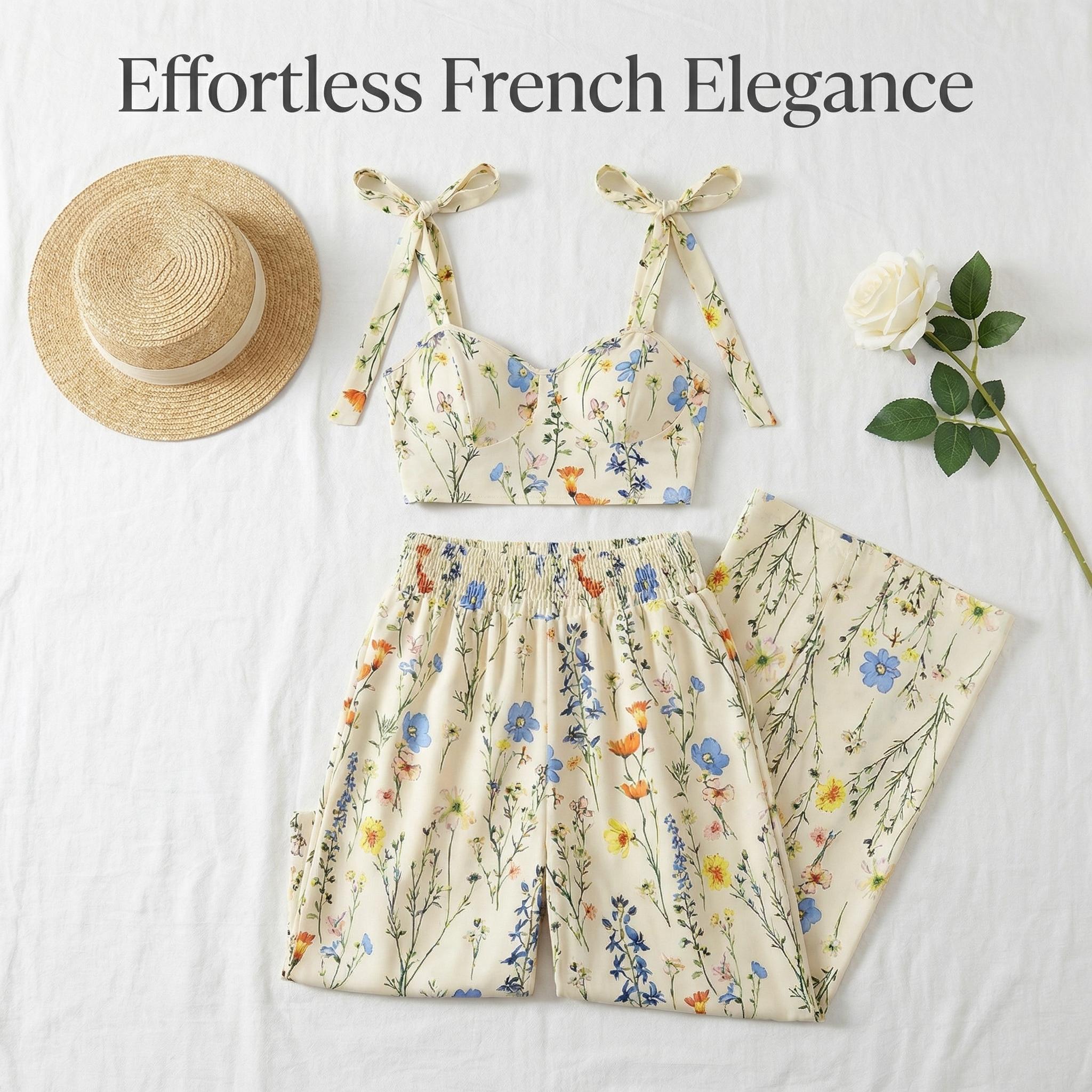 Women's French Floral Print Sleeveless Tank Top and Wide-Leg Pants Set — Casual Two-Piece Set — Four-Way Stretch Breathable Fabric — Elegant and Refined Women's French Floral Print Sleeveless Tank Top and Wide-Leg Pants Set — Casual Two-Piece Set — Four-Way Stretch Breathable Fabric — Elegant and Refined